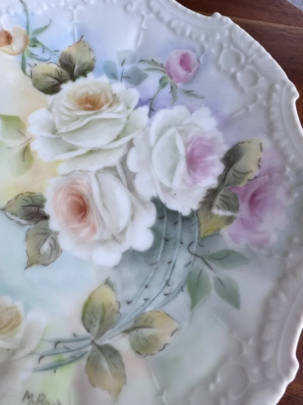 Bavarian Hand Painted Cabinet Plate – White Roses Signed M. Best